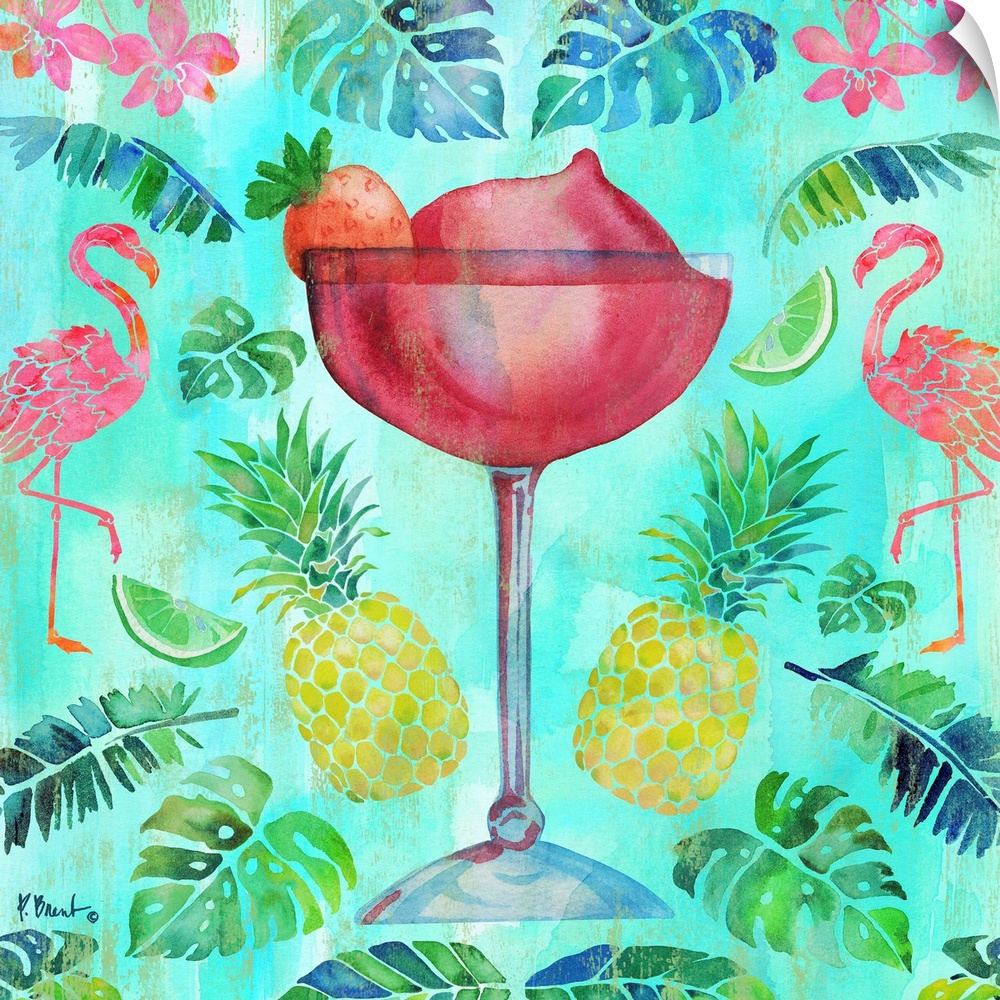 Tropical decor with a large strawberry daiquiri in the center surrounded by palm leaves, pineapples, flamingos, and tropic...