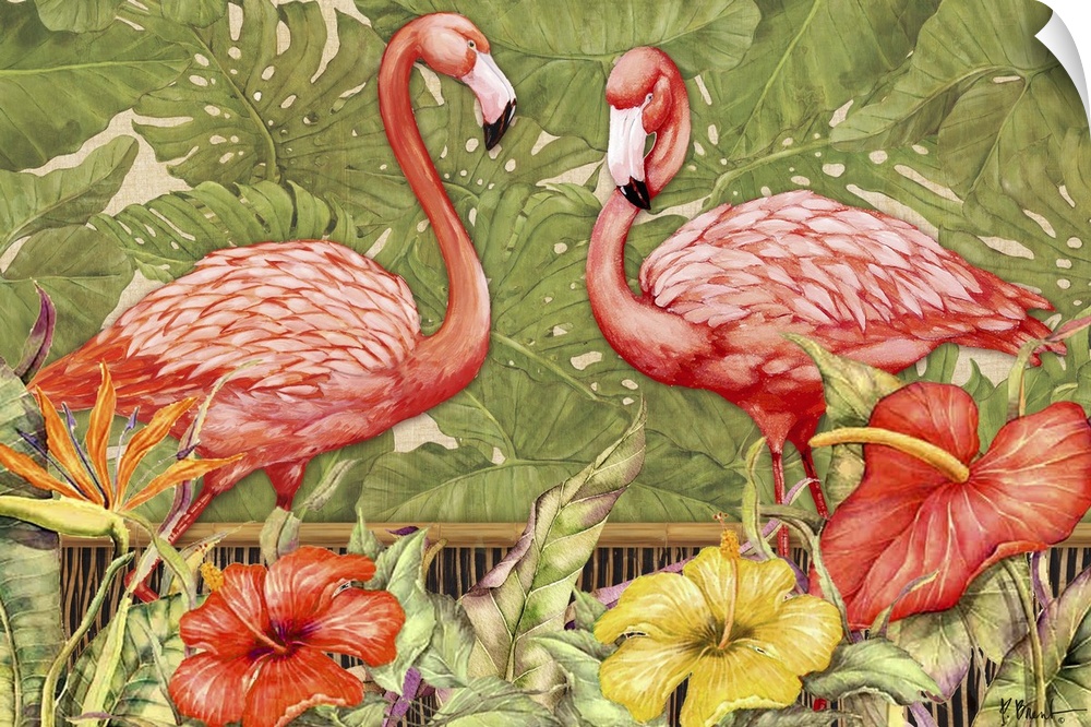 Painting of two American flamingos with tropical flowers in the foreground.