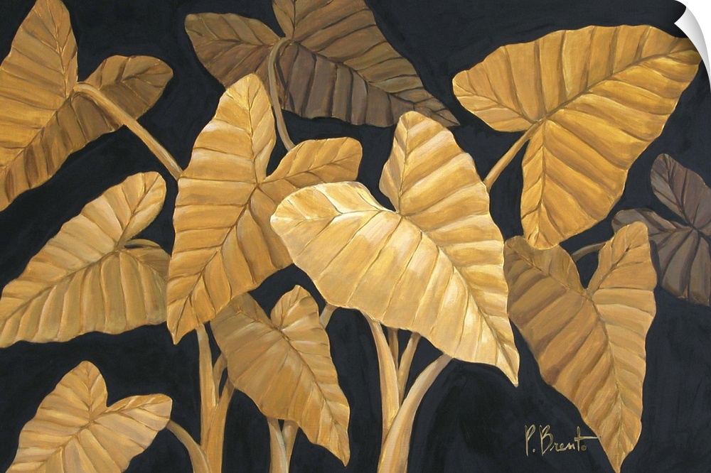 Contemporary painting of several tropical fronds in sepia tones.