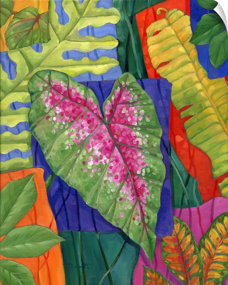 Colorful painting of multicolored tropical leaves of different sizes.