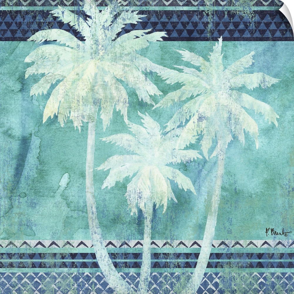 Square decor with three silhouetted palm trees on a patterned background made in shades of blue.