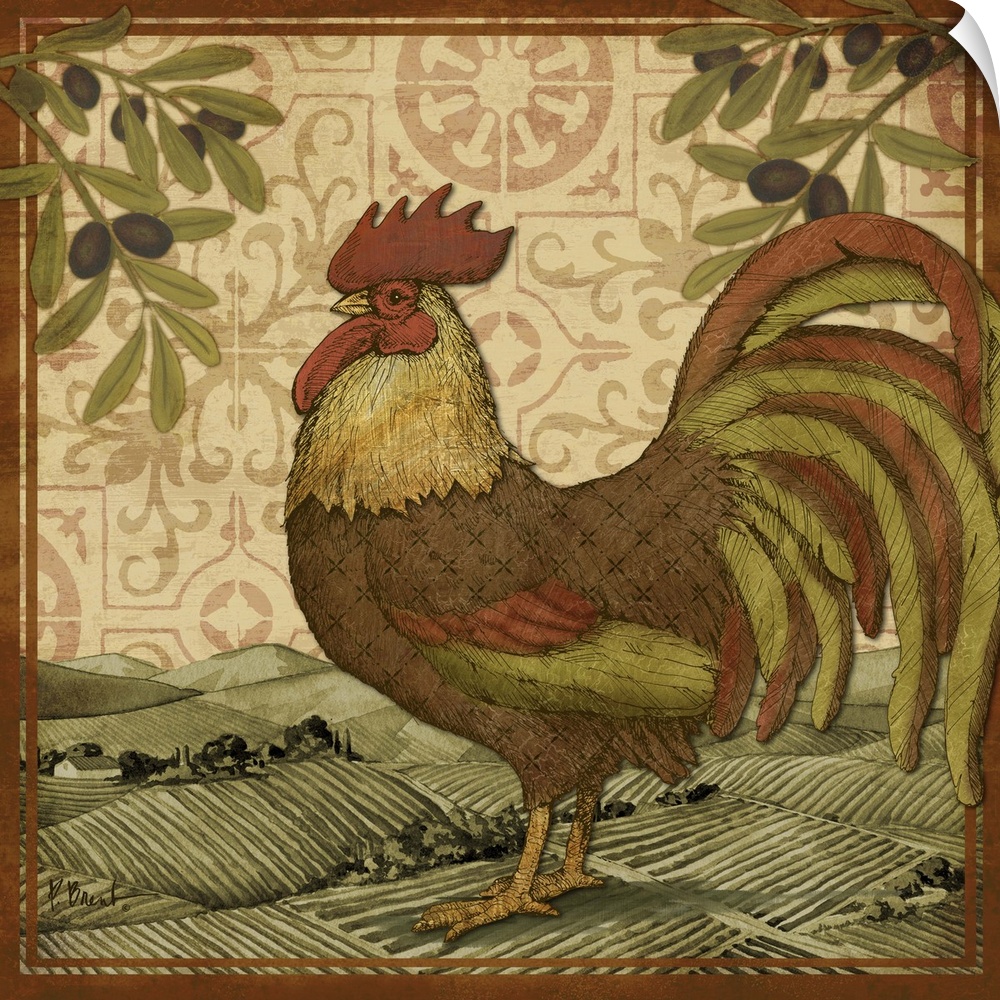 Decorative painting of a rooster in a Tuscan countryside.