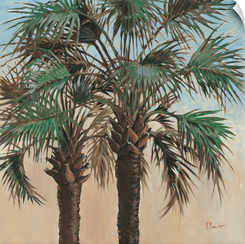 Contemporary painting of two palm trees with leafy fronds.