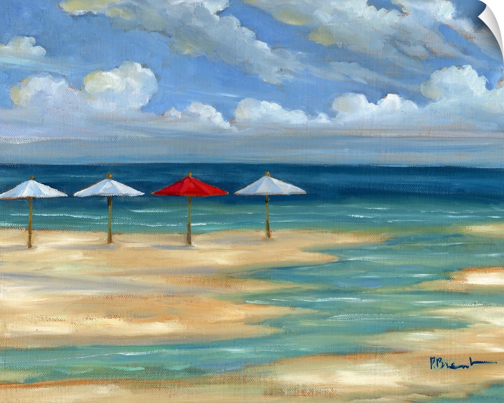 Seascape with a sandy beach and four umbrellas under a cloudy sky.