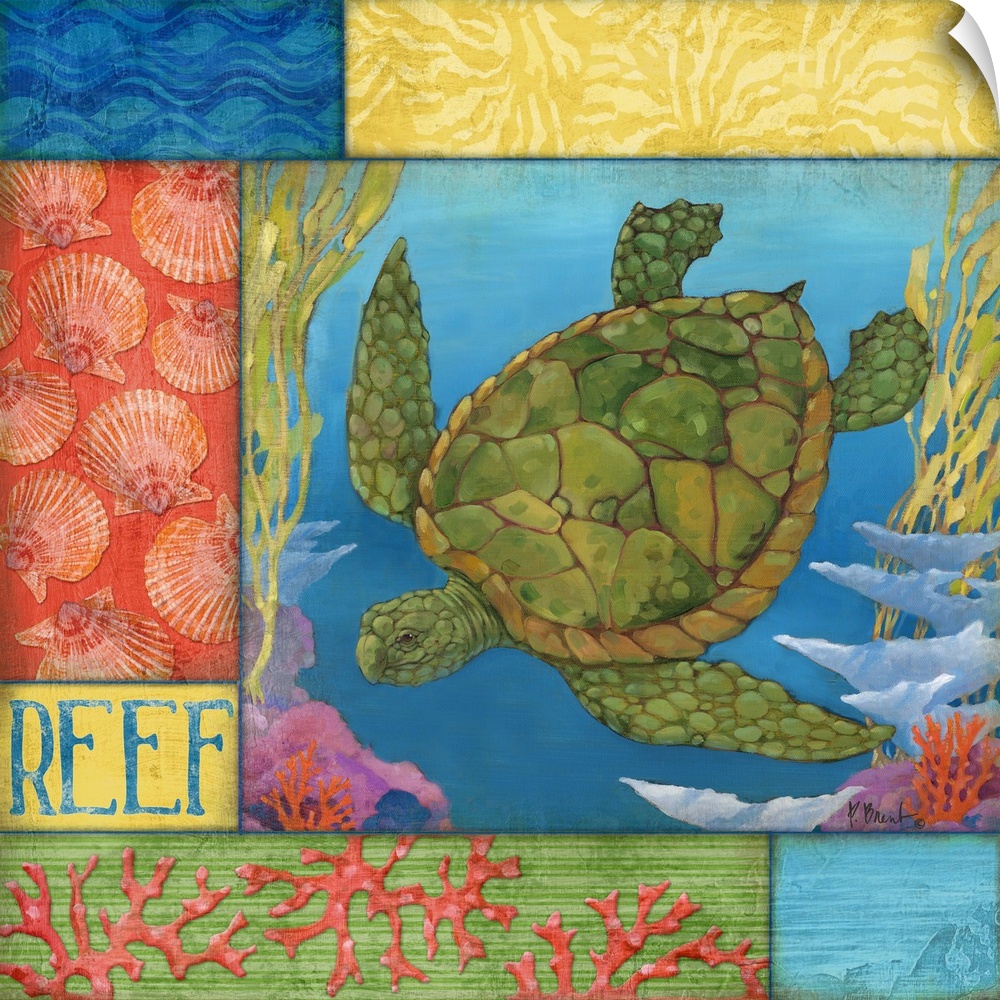 Contemporary painting of a sea turtle swimming in the ocean near coral, with sea-themed panels.