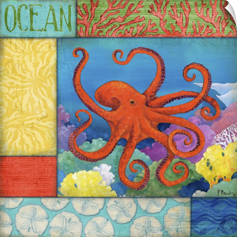 Contemporary painting of an octopus swimming in the ocean near coral, with sea-themed panels.