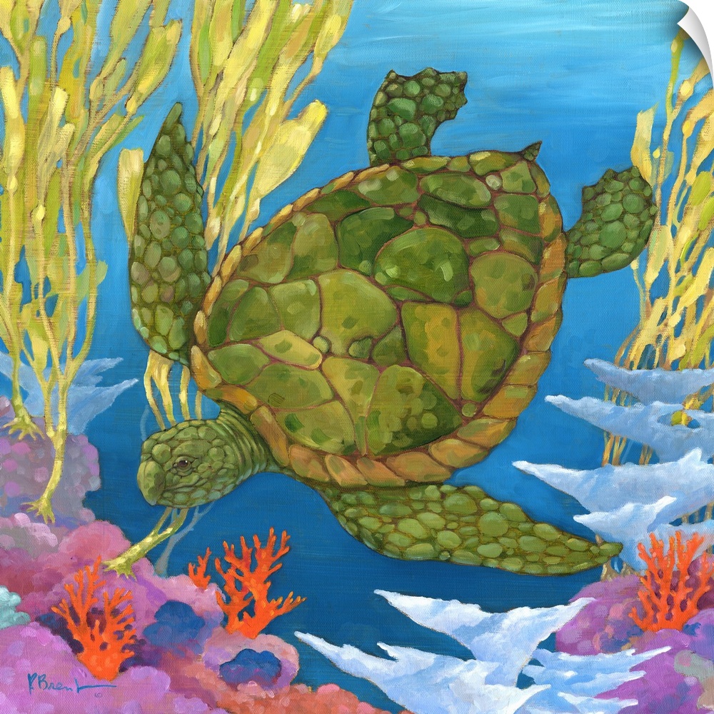 Contemporary painting of a sea turtle swimming in the ocean near coral.