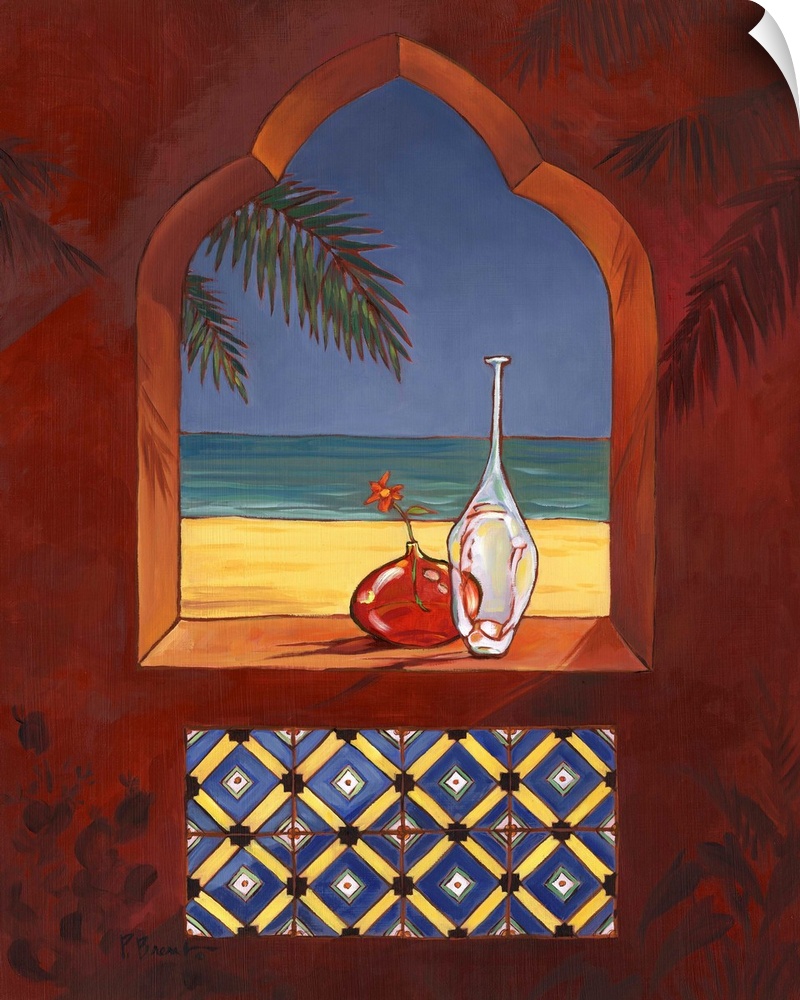 Still life painting of two glass vases on the sill of an arched window with patterned tile.