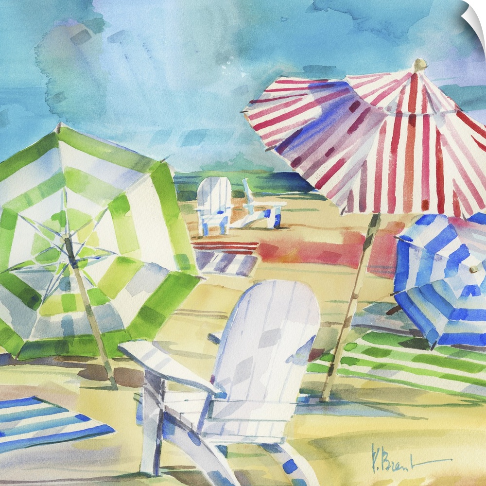 Square watercolor painting of beach chairs and umbrellas set up in the sand.