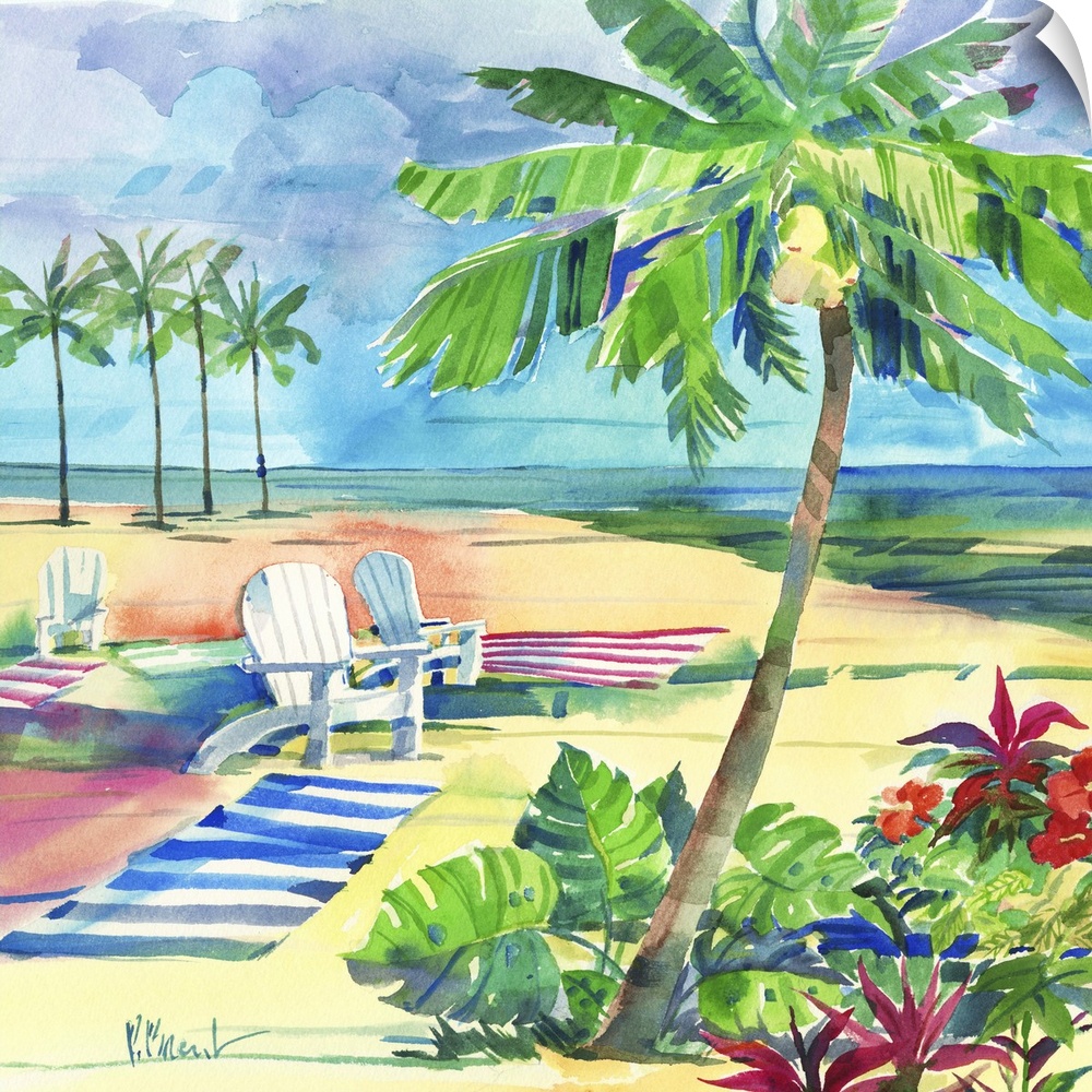 Square watercolor painting of a relaxing beach scene with beach chairs and towels set up in the sand with palm trees in th...