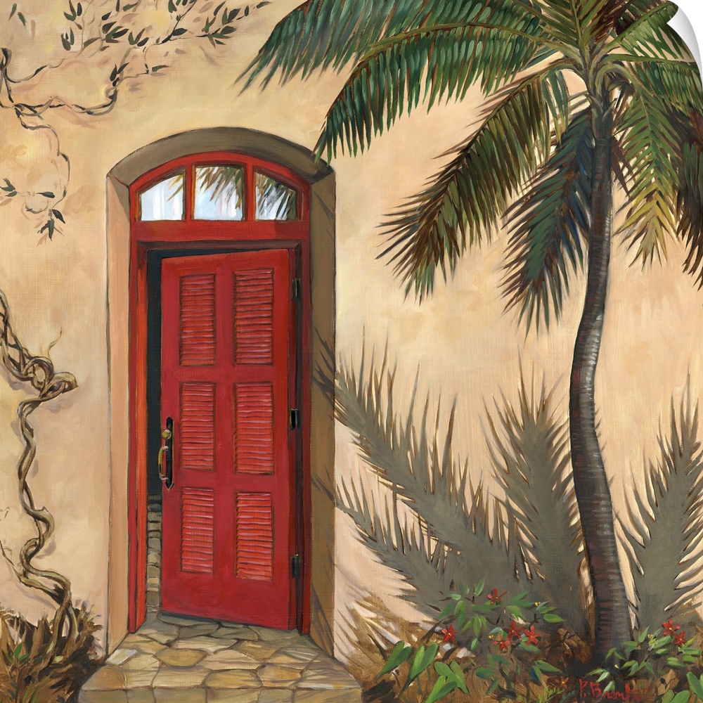Painting of a red door in an adobe building with a palm tree.