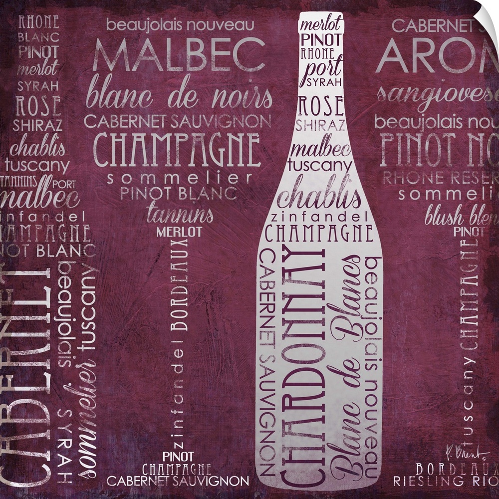 Typography artwork of wine-themed words arranged to from wine bottles and glasses.