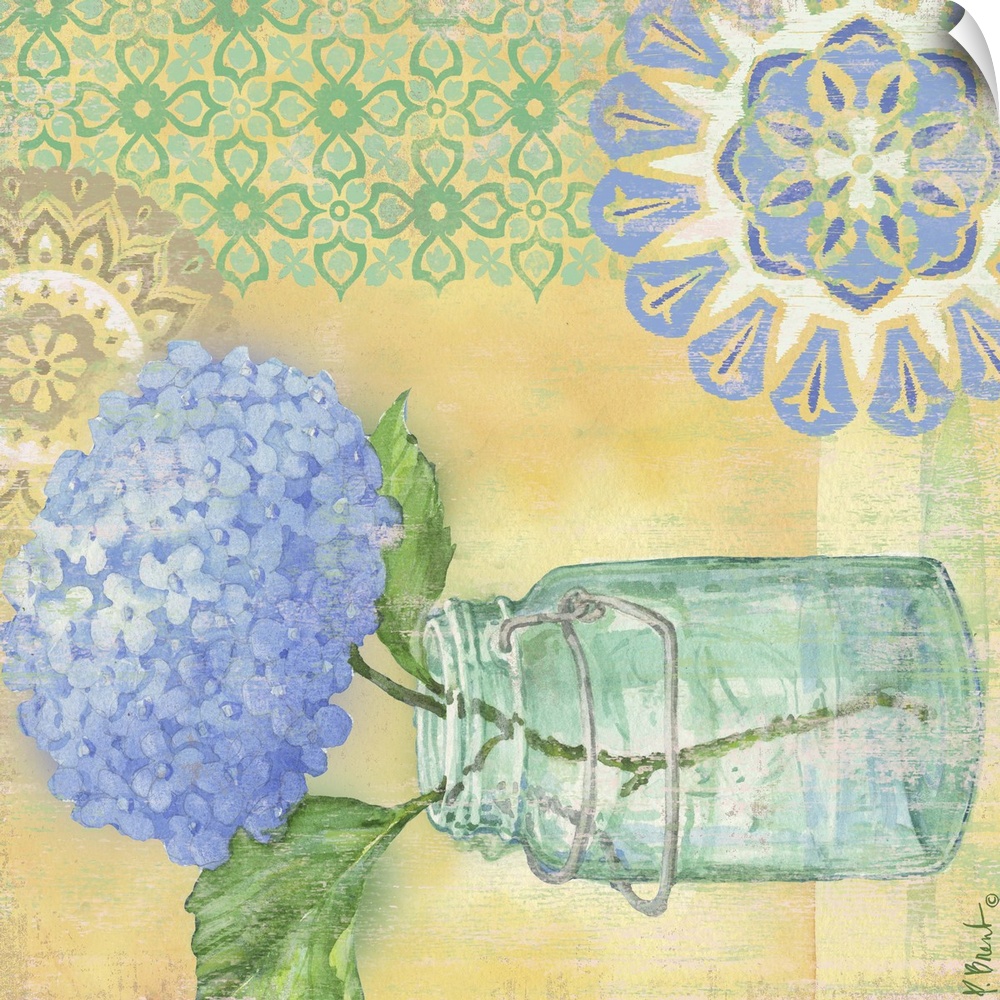 Contemporary decorative artwork of hydrangeas in a mason jar with bright floral patterns.
