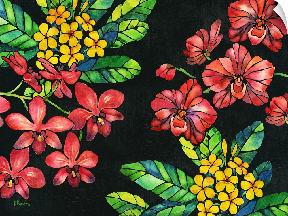 Contemporary painting of red and yellow flowers with green and blue leaves on a solid black background.