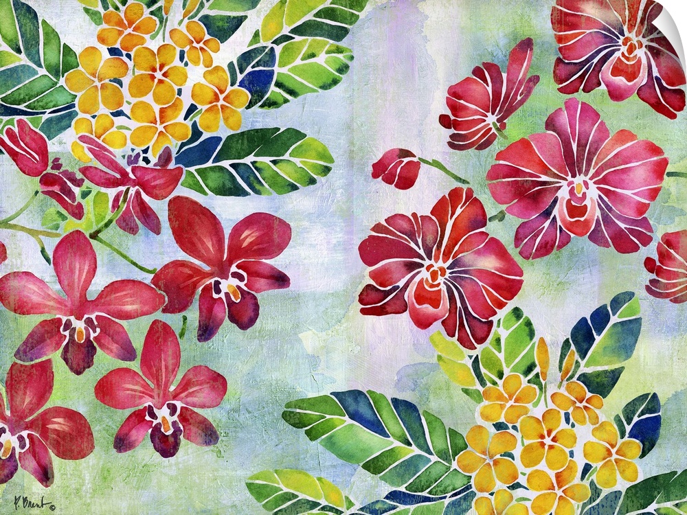 Contemporary painting of red and yellow flowers with green and blue leaves on a faded blue, green, and purple background.