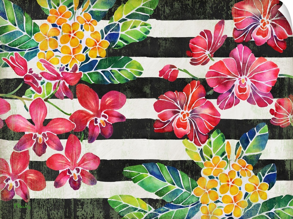 Contemporary painting of red and yellow flowers with green and blue leaves on a black and white striped background.