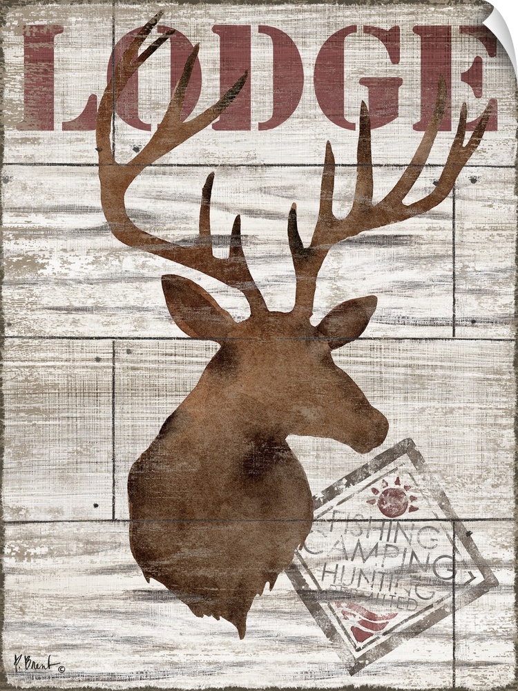 Contemporary decorative artwork of a deer silhouette with the word "lodge" on a textured wooden background.