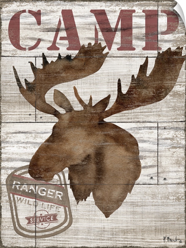 Contemporary decorative artwork of a moose silhouette with the word "camp" on a textured wooden background.