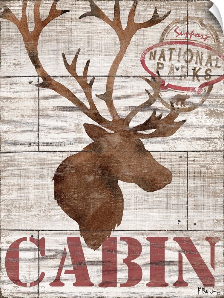 Contemporary decorative artwork of an elk silhouette with the word "cabin" on a textured wooden background.