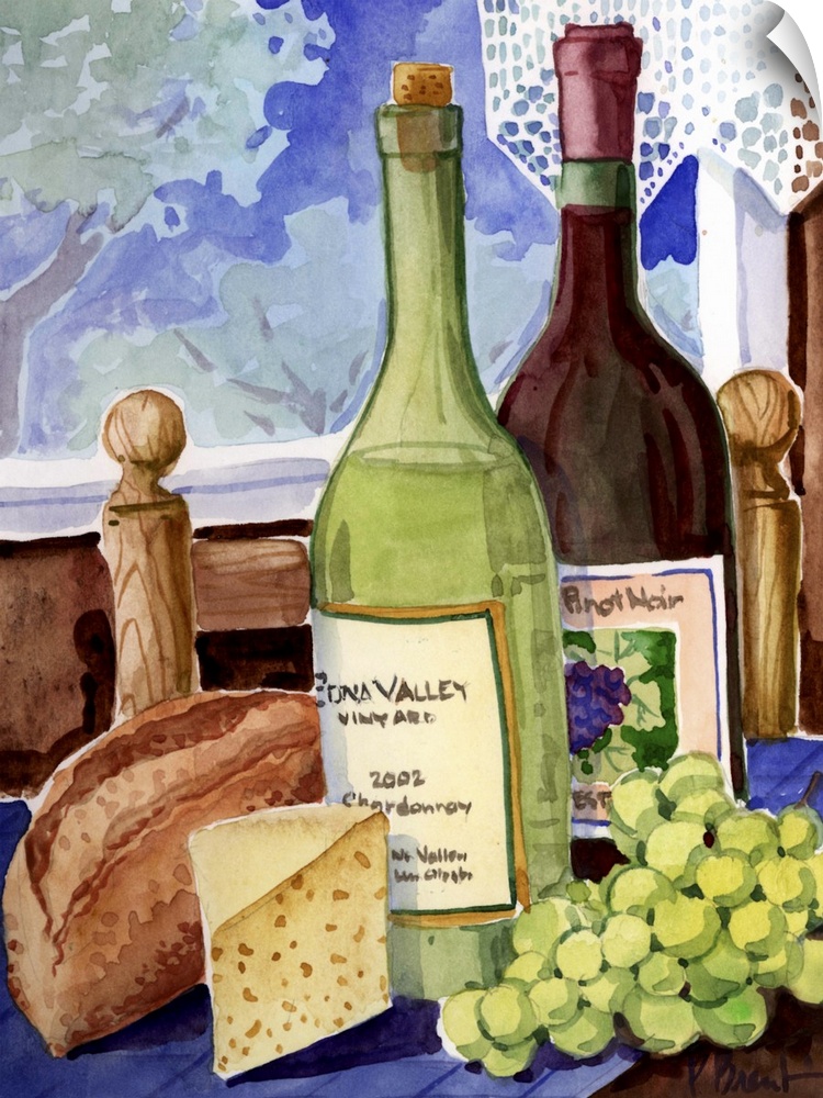 Contemporary painting of two wine bottles, grapes, cheese, and bread on a table by a window.