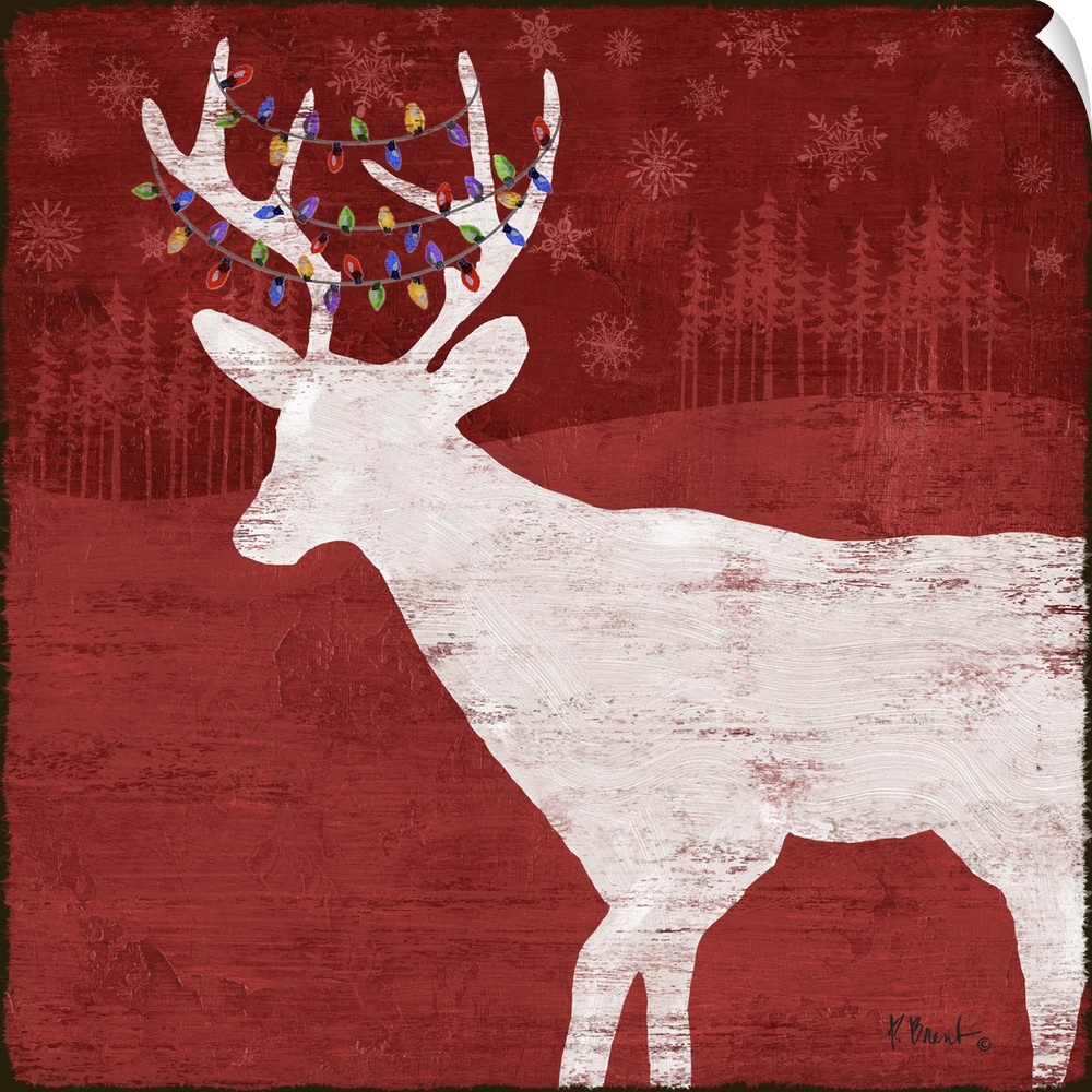 White silhouette of a deer with lights in its antlers on a red forest backdrop.