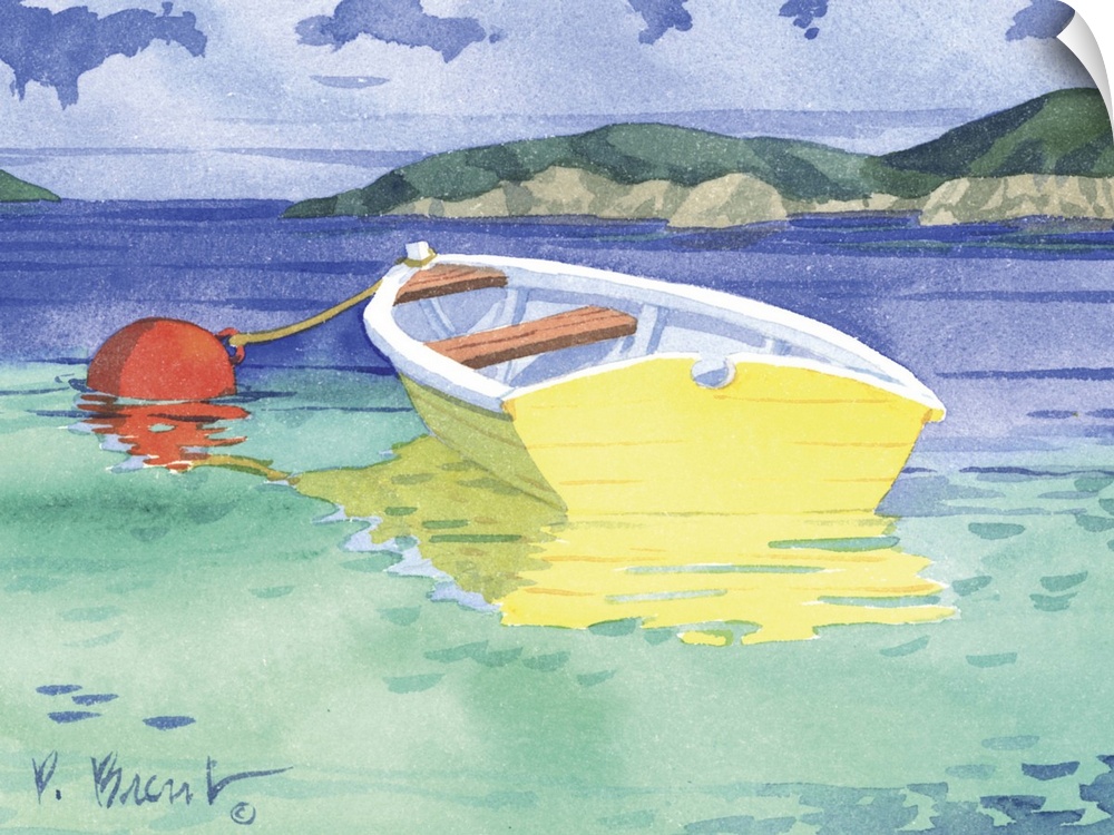 Contemporary painting of a single yellow rowboat tied to a buoy in the water.