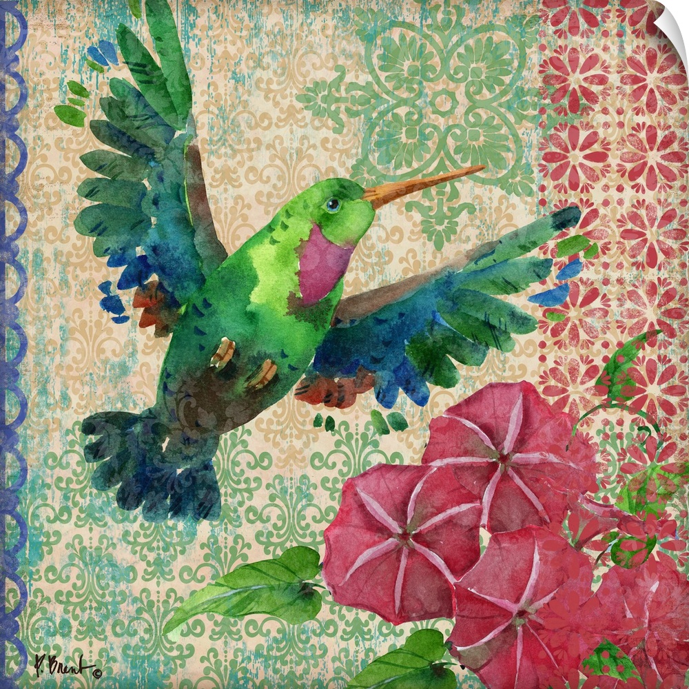 Watercolor artwork of a hummingbird with morning glories and vintage patterns.
