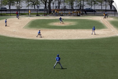 Little league baseball field with game in progress