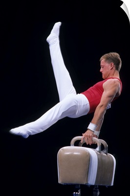 Male gymnast performing on the pommel horse