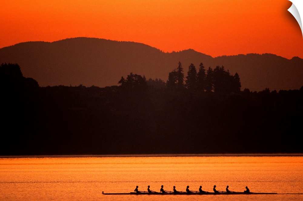 Silhouette of men's eights rowing team in action