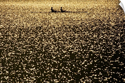 Silhouette of men's pairs rowing team in action