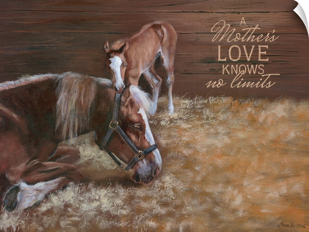 Painting of a mare and her young foal nuzzling in a stable.