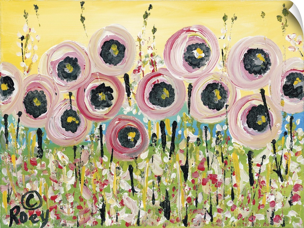 Horizontal abstract painting of a field of flowers in textured colors of pink, green and yellow.