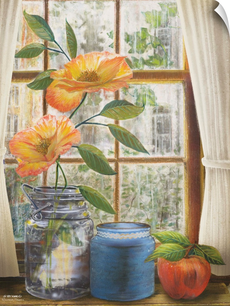 Artwork of flowers in a glass vase sitting in front a window.