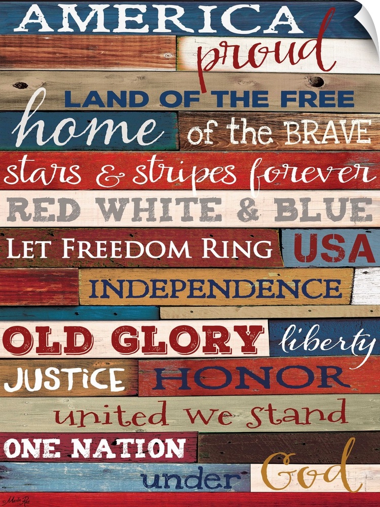 Patriotic typography art against wooden surface in multiple colors.
