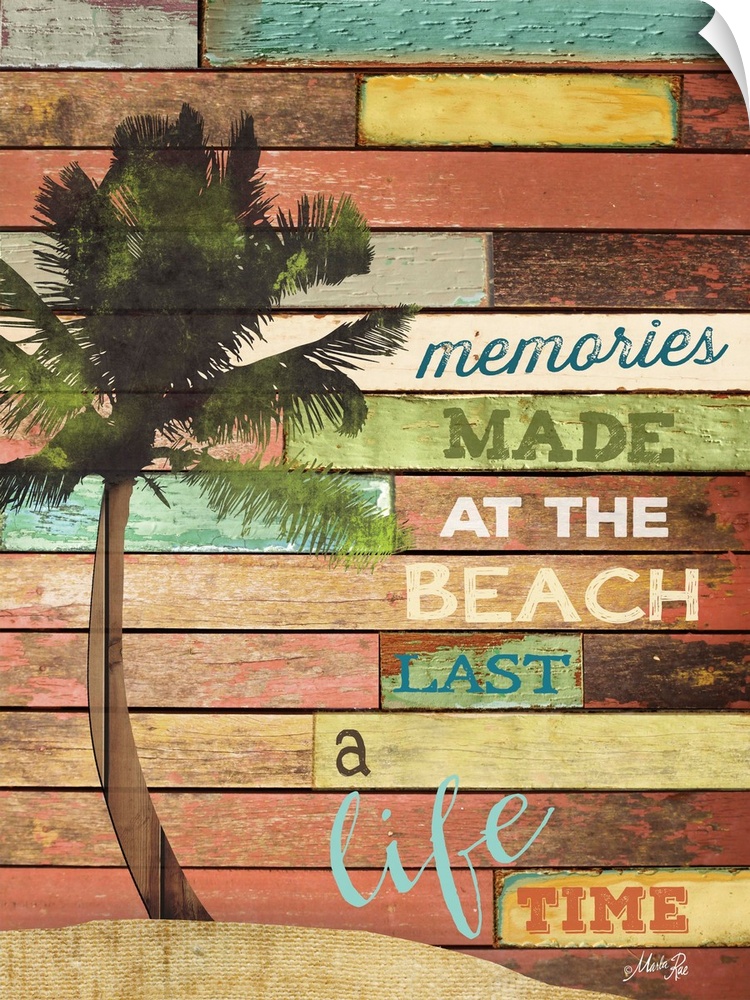 Beach themed typography art against a distressed wooden surface.