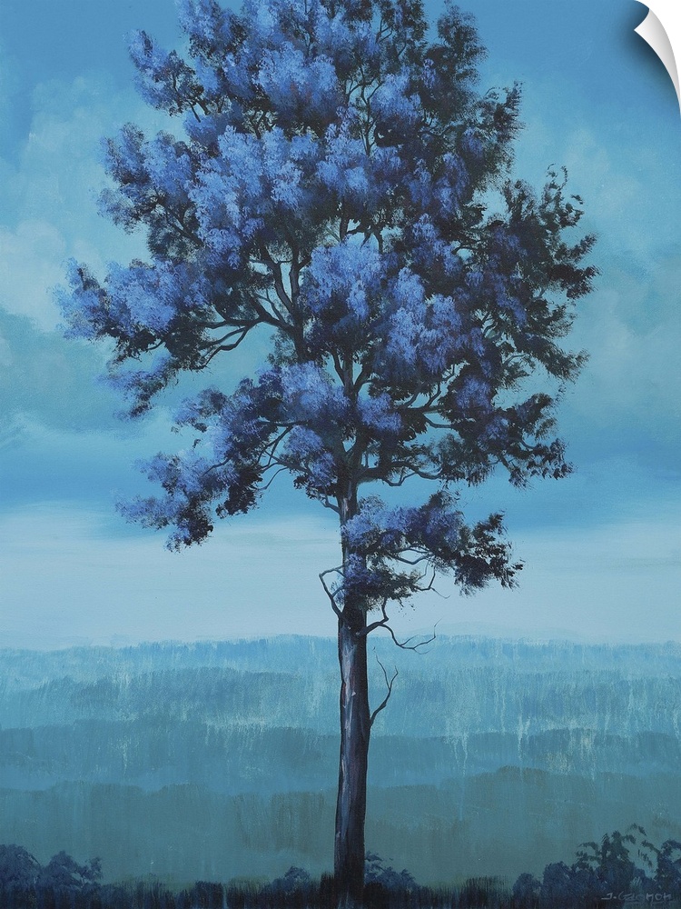 Contemporary artwork of a tall tree in a field in shades of blue.