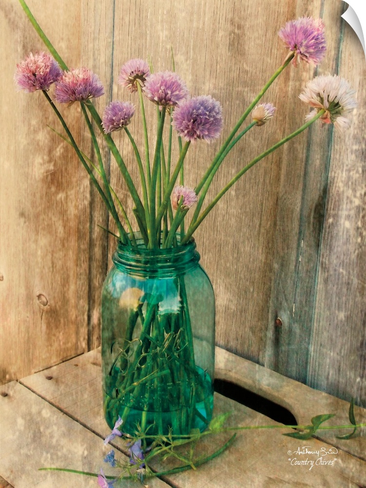 Decorative artwork with a bouquet of purple flowers in a ball mason jar vase over a distressed wood background.