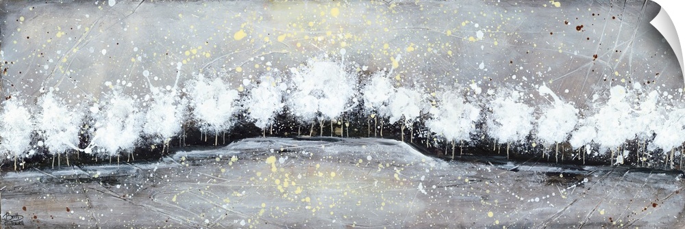 Contemporary painting of a row of white trees on a low hill, covered in paint splatters.