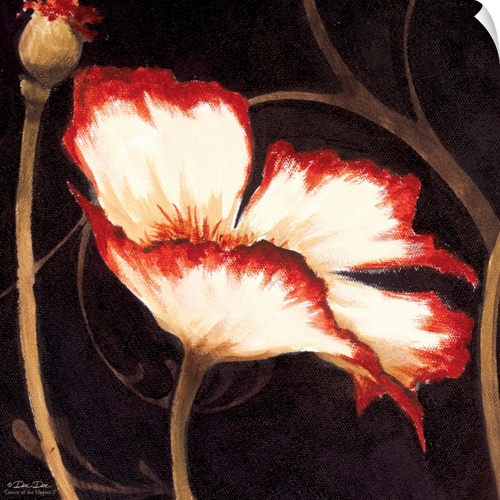 Artwork of a red and white poppy with the stems in the background.