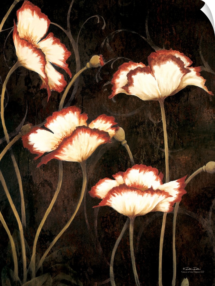 Artwork of red and white poppies against a dark background with golden stems.