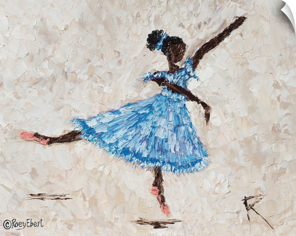 horizontal abstract of a ballerina in blue artfully done in bold brush strokes.