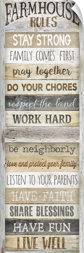 "Farmhouse Rules, Stay Strong, Family Comes First, Pray Together, Do your Chores, Respect The Land, Work Hard, Be Neighbor...