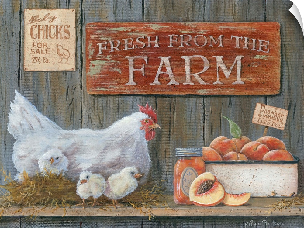 A hen with three chicks next to fresh peaches and a sign that reads "Fresh From The Farm."