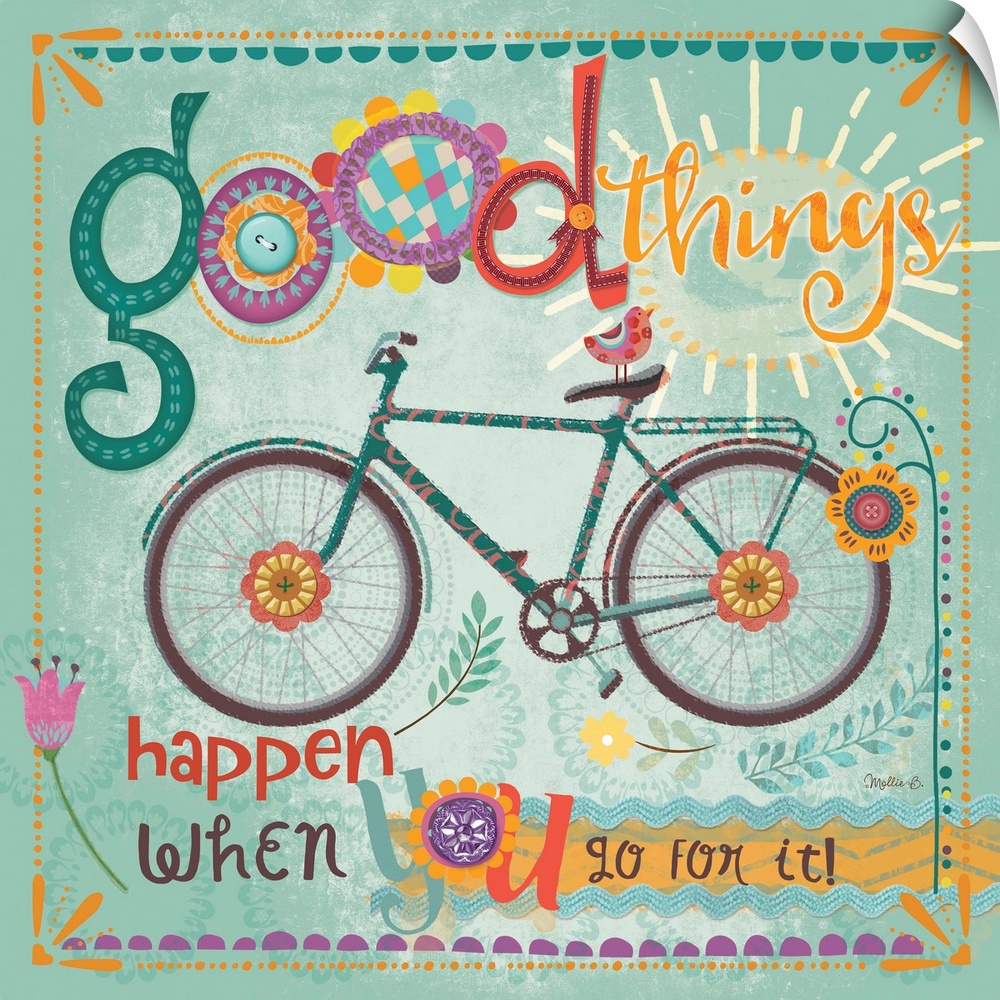 Fun text in bright colors with a bicycle and floral elements.
