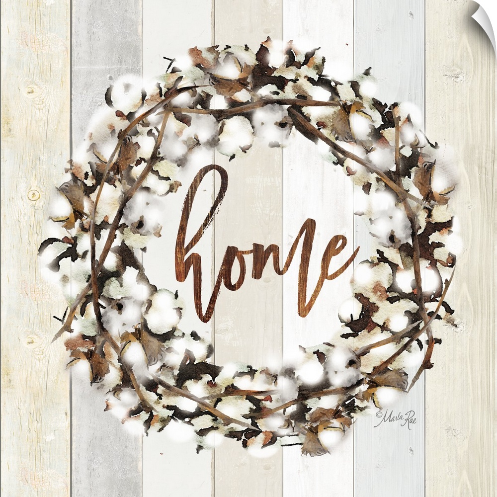 "Home" in the middle of a wreath of cotton against a shiplap background.