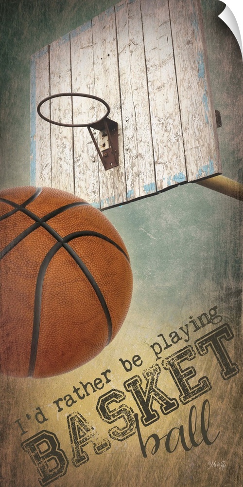 A basketball typography design with a ball and the hoop and backboard.