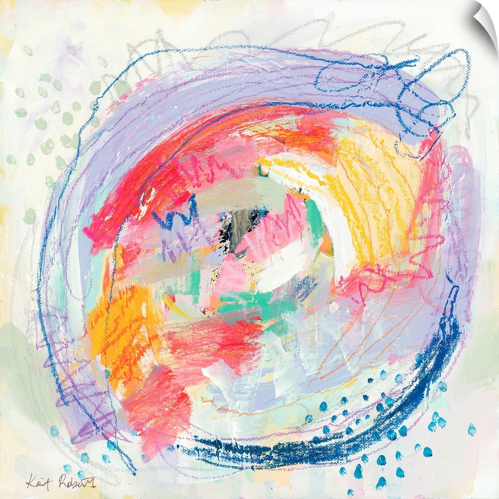 A fun, bright abstract in pastel colors and a circular design.