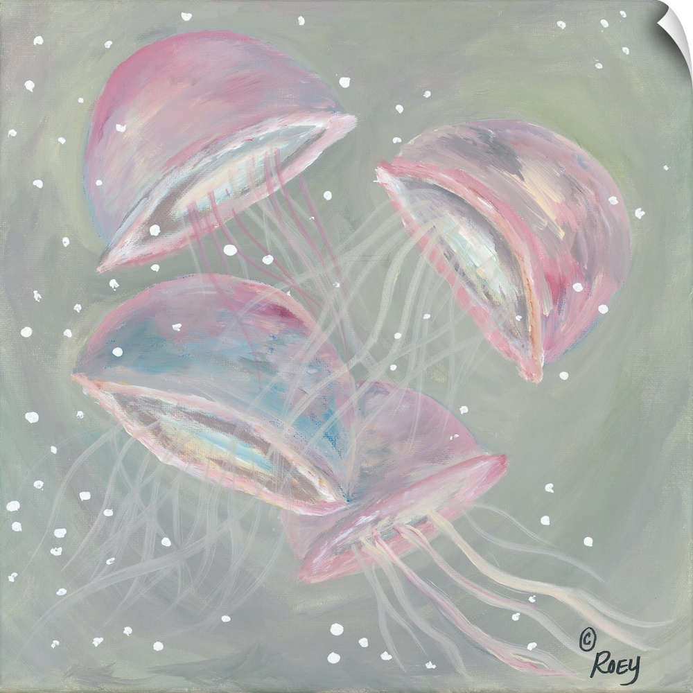Square abstract painting of four pink jellyfish.
