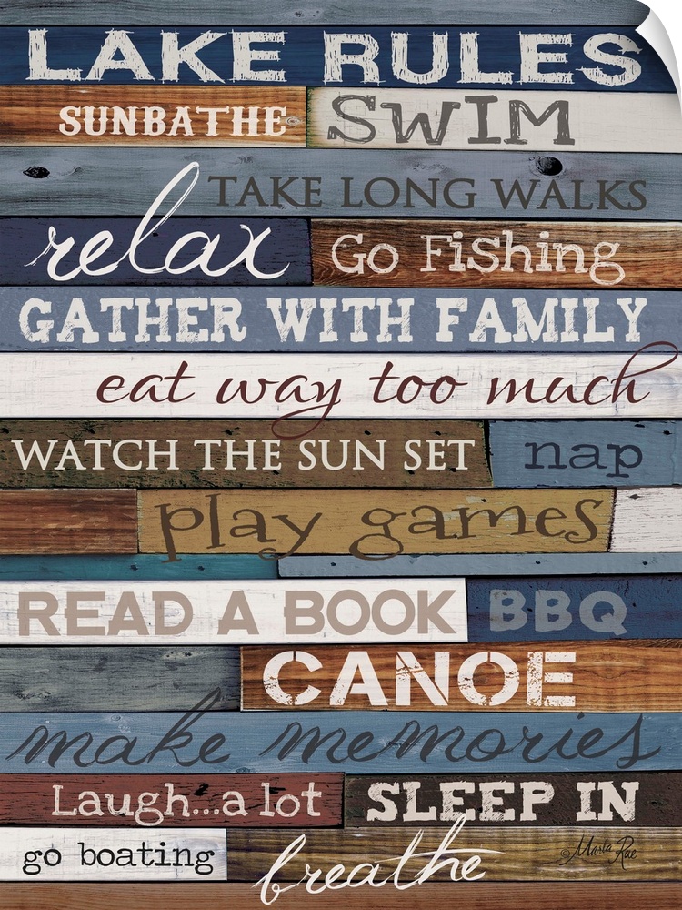 Typography artwork of lake rules, with text against a wooden background.
